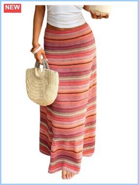 Women's Striped Crochet Knit Maxi Skirt Elastic Waist Boho Summer